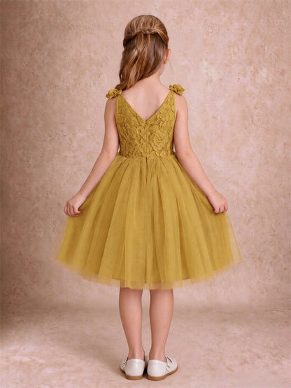 Sleeveless Flower Girl Dress Lace Tulle Knee Length Princess Party Gown For Wedding