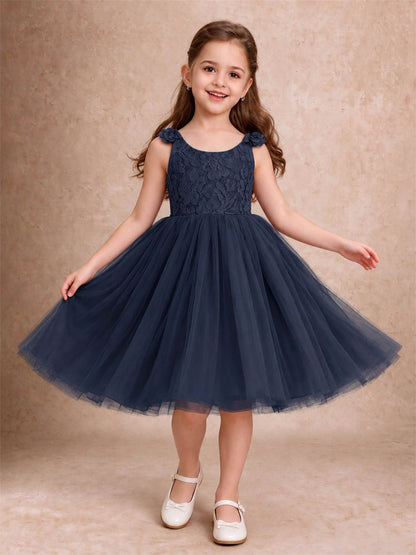 Sleeveless Flower Girl Dress Lace Tulle Knee Length Princess Party Gown For Wedding