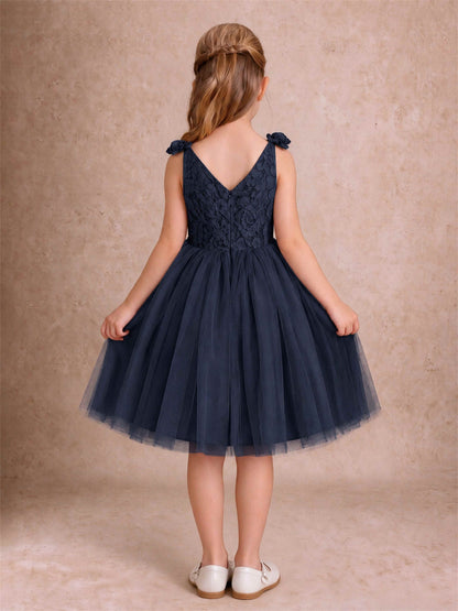 Sleeveless Flower Girl Dress Lace Tulle Knee Length Princess Party Gown For Wedding
