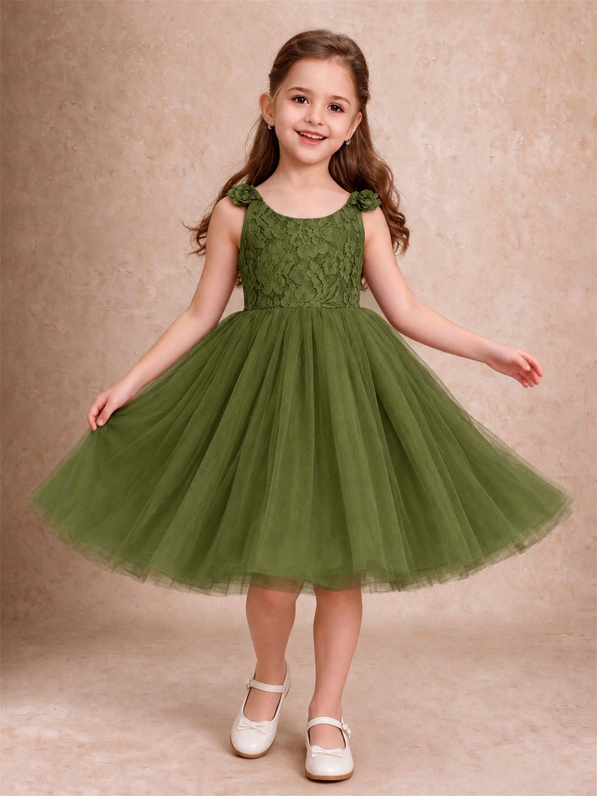 Sleeveless Flower Girl Dress Lace Tulle Knee Length Princess Party Gown For Wedding
