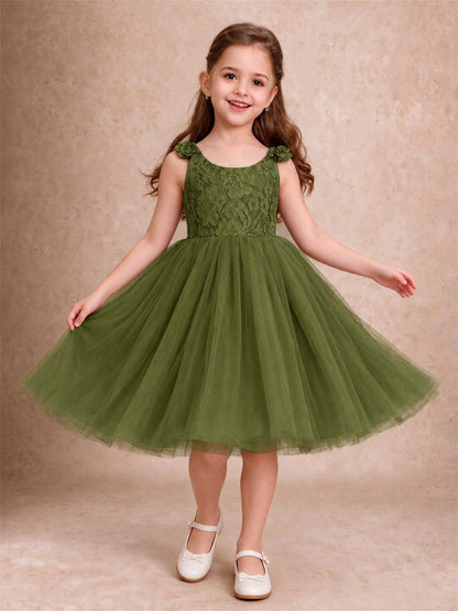 Sleeveless Flower Girl Dress Lace Tulle Knee Length Princess Party Gown For Wedding