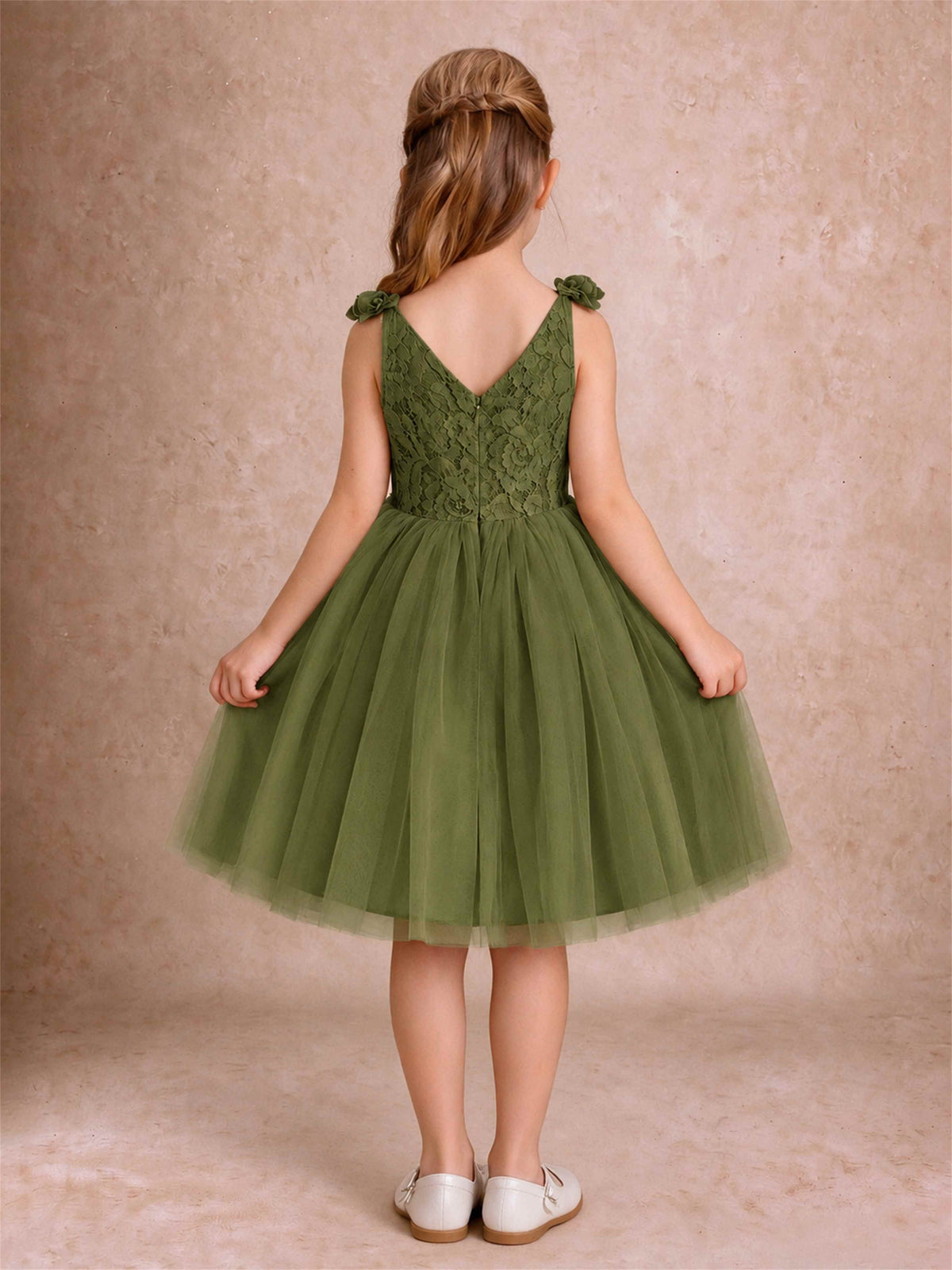 Sleeveless Flower Girl Dress Lace Tulle Knee Length Princess Party Gown For Wedding