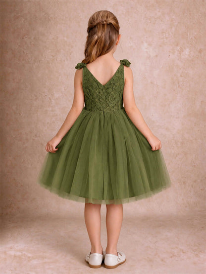 Sleeveless Flower Girl Dress Lace Tulle Knee Length Princess Party Gown For Wedding