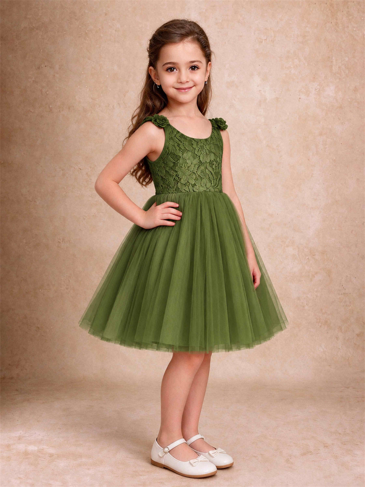 Sleeveless Flower Girl Dress Lace Tulle Knee Length Princess Party Gown For Wedding
