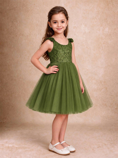 Sleeveless Flower Girl Dress Lace Tulle Knee Length Princess Party Gown For Wedding