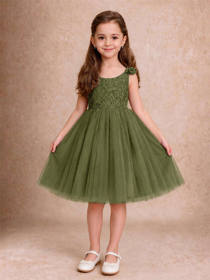 Sleeveless Flower Girl Dress Lace Tulle Knee Length Princess Party Gown For Wedding