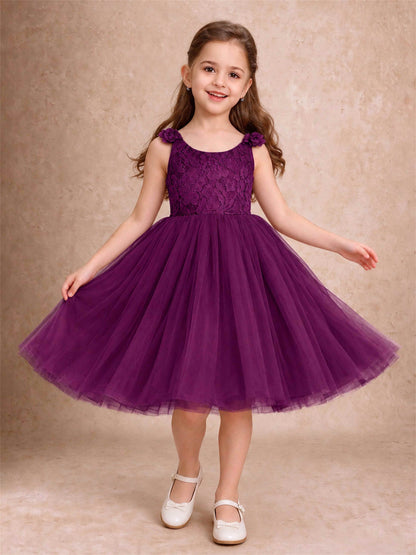 Sleeveless Flower Girl Dress Lace Tulle Knee Length Princess Party Gown For Wedding