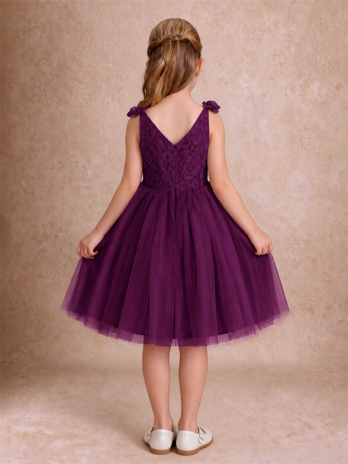Sleeveless Flower Girl Dress Lace Tulle Knee Length Princess Party Gown For Wedding