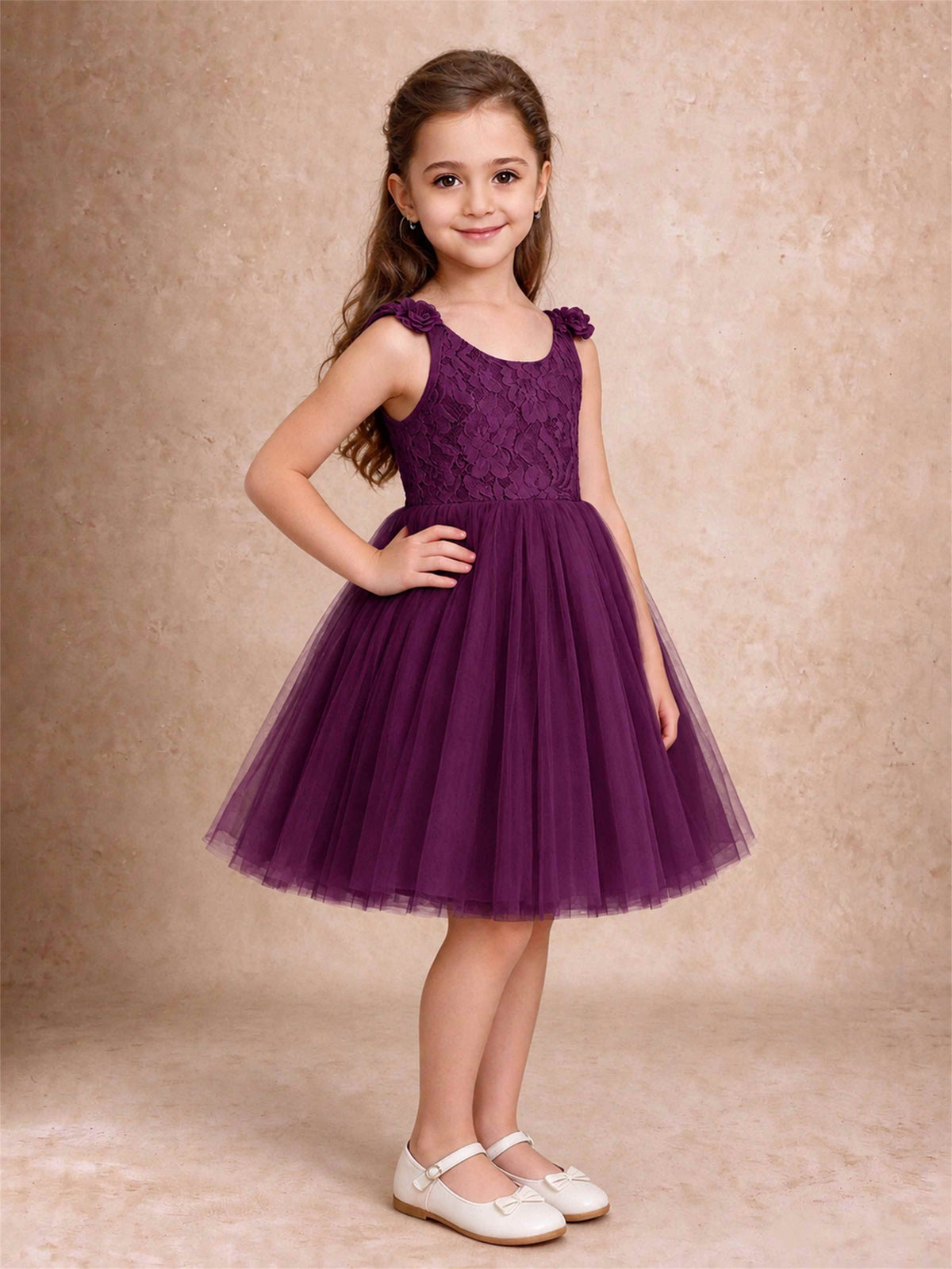 Sleeveless Flower Girl Dress Lace Tulle Knee Length Princess Party Gown For Wedding