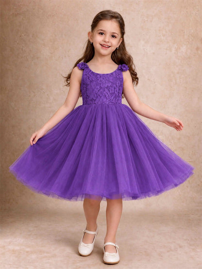 Sleeveless Flower Girl Dress Lace Tulle Knee Length Princess Party Gown For Wedding