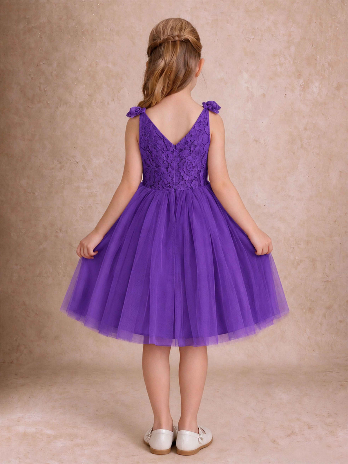 Sleeveless Flower Girl Dress Lace Tulle Knee Length Princess Party Gown For Wedding
