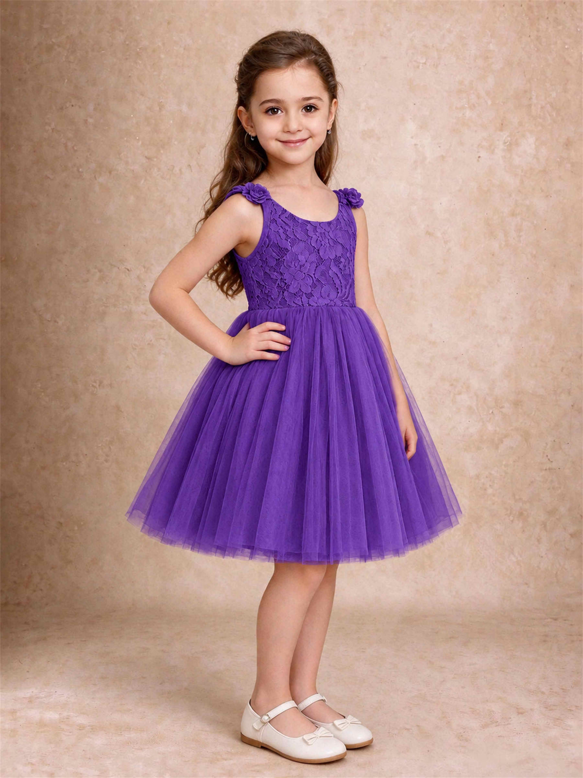 Sleeveless Flower Girl Dress Lace Tulle Knee Length Princess Party Gown For Wedding