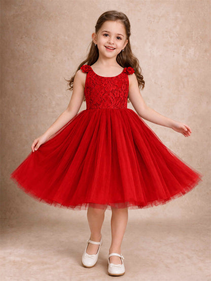 Sleeveless Flower Girl Dress Lace Tulle Knee Length Princess Party Gown For Wedding