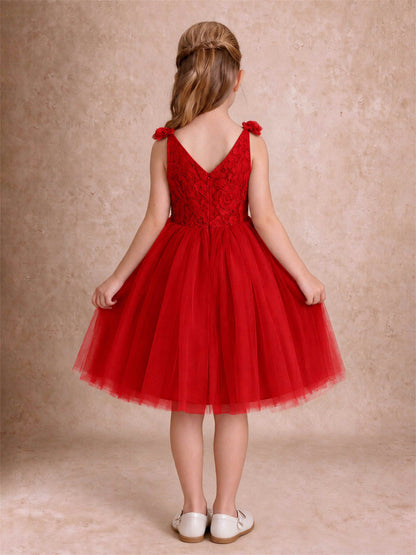 Sleeveless Flower Girl Dress Lace Tulle Knee Length Princess Party Gown For Wedding