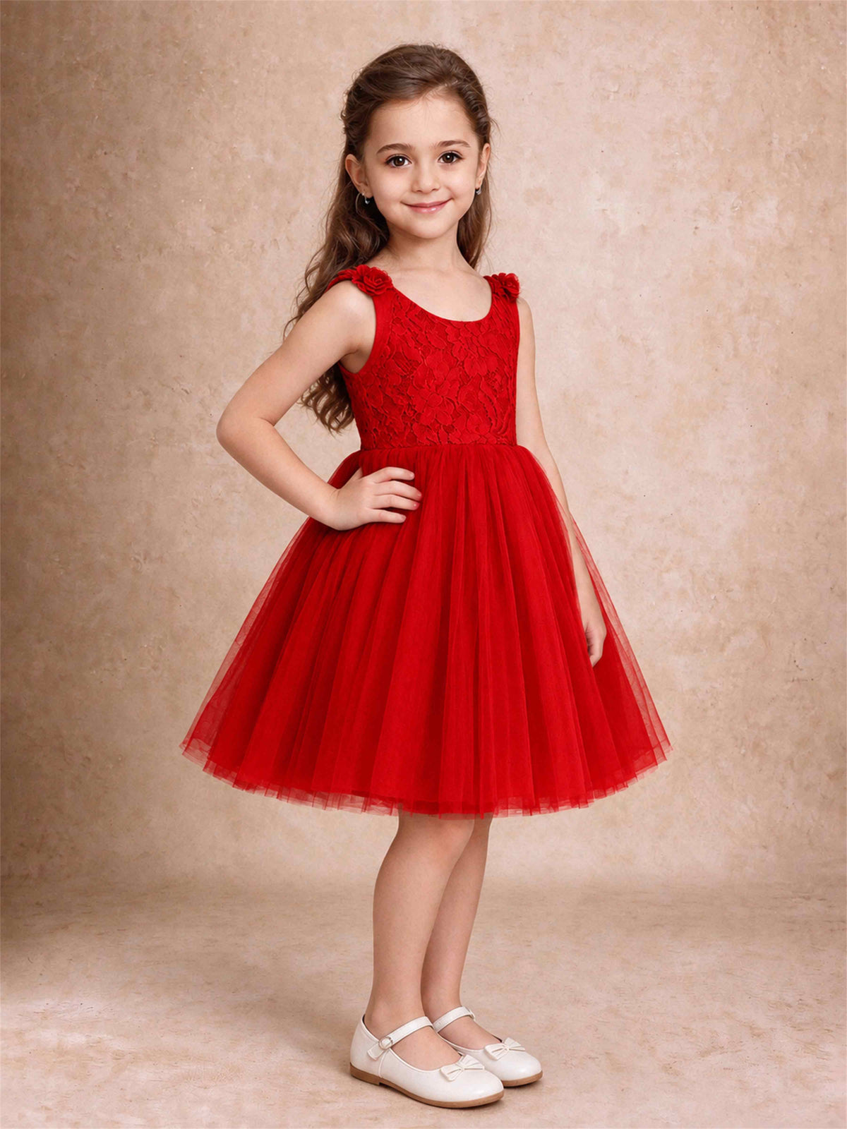 Sleeveless Flower Girl Dress Lace Tulle Knee Length Princess Party Gown For Wedding