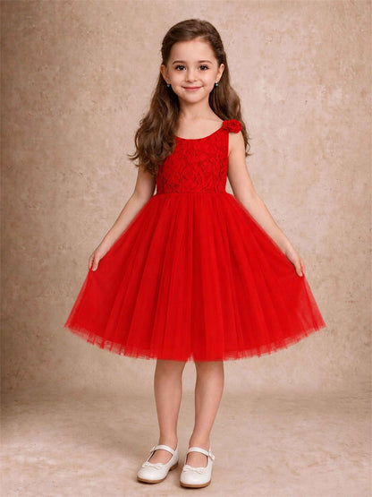 Sleeveless Flower Girl Dress Lace Tulle Knee Length Princess Party Gown For Wedding