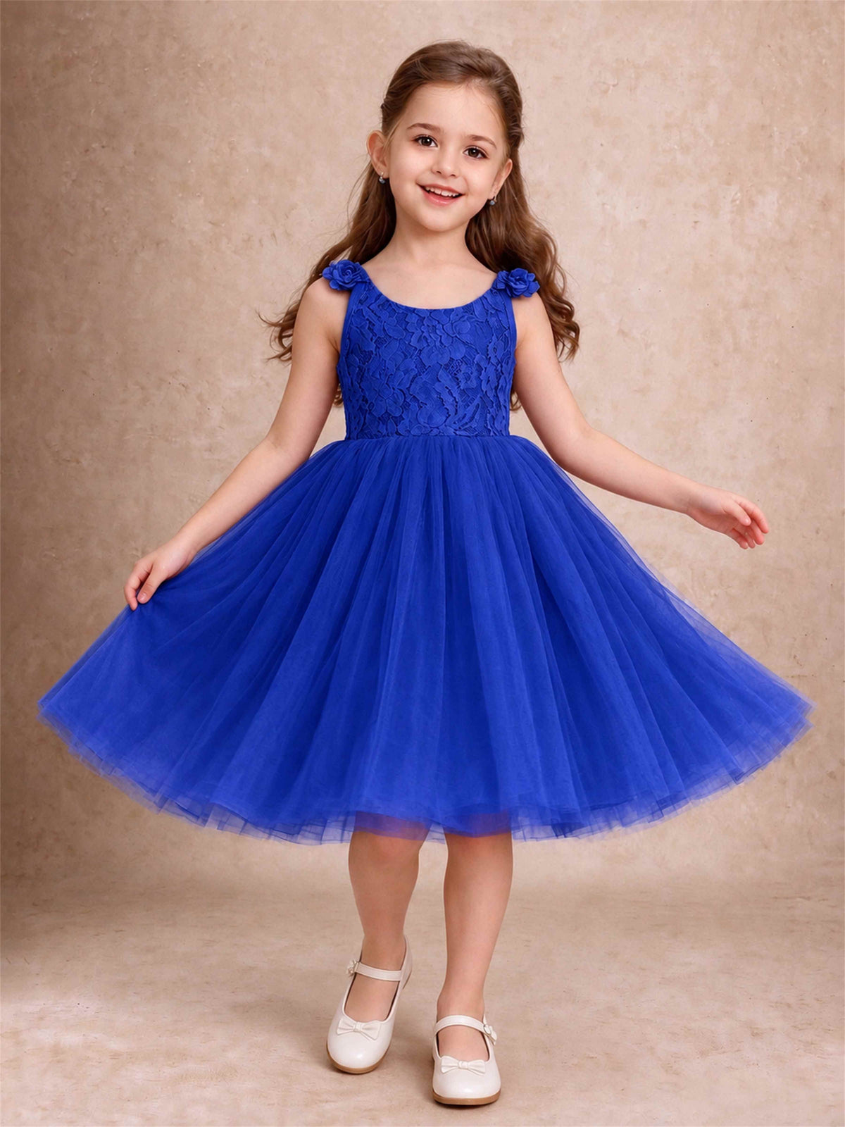 Sleeveless Flower Girl Dress Lace Tulle Knee Length Princess Party Gown For Wedding