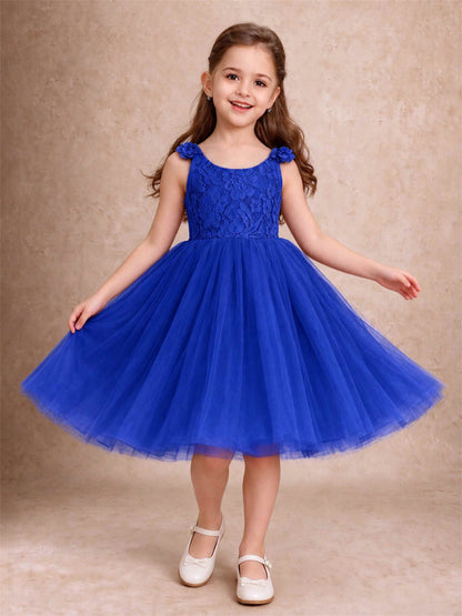 Sleeveless Flower Girl Dress Lace Tulle Knee Length Princess Party Gown For Wedding