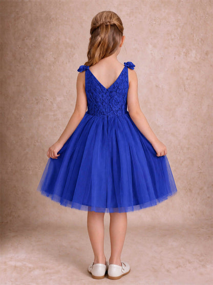 Sleeveless Flower Girl Dress Lace Tulle Knee Length Princess Party Gown For Wedding