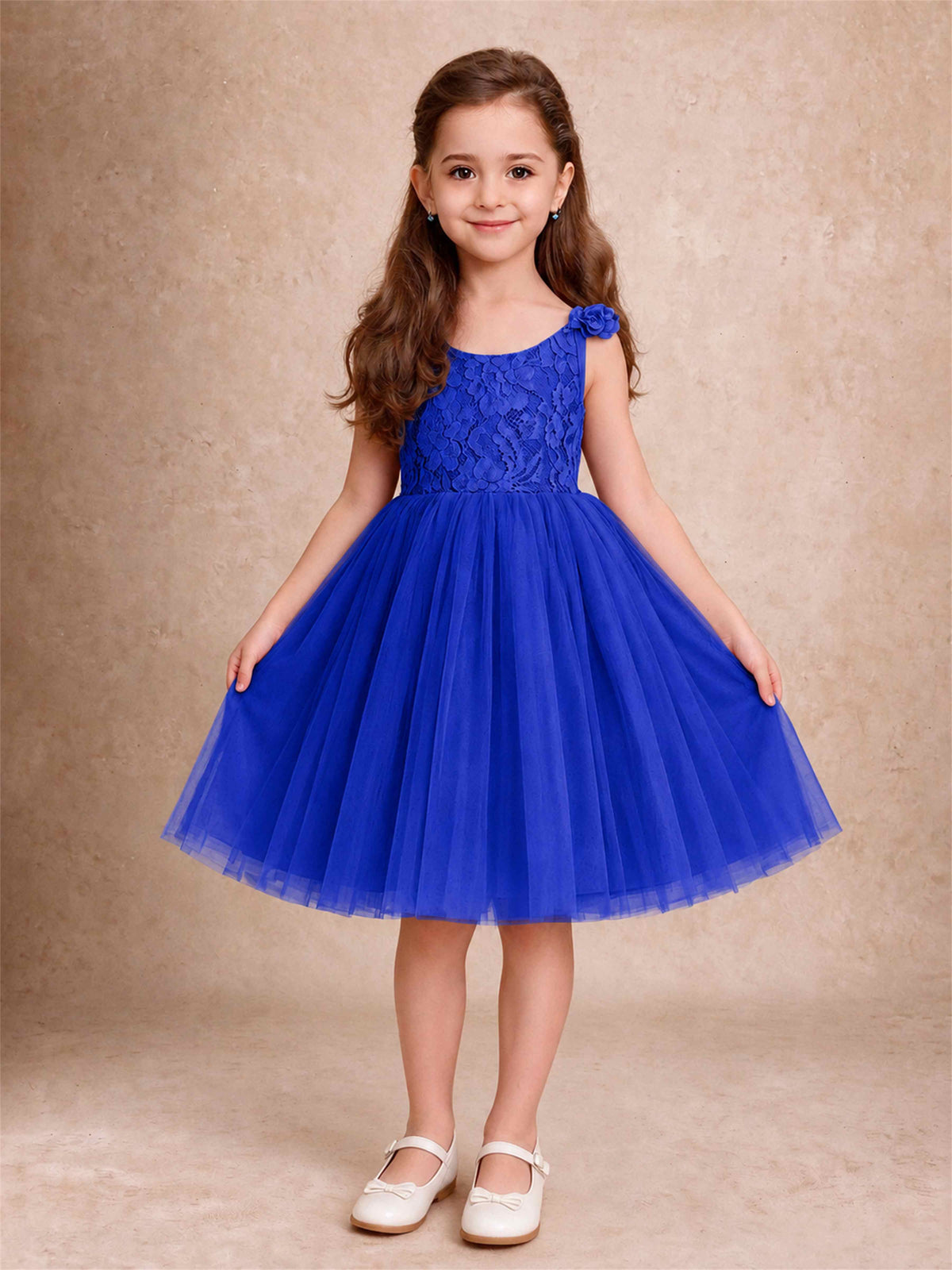 Sleeveless Flower Girl Dress Lace Tulle Knee Length Princess Party Gown For Wedding