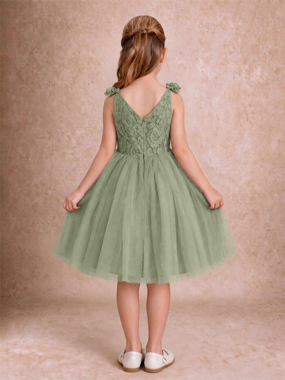 Sleeveless Flower Girl Dress Lace Tulle Knee Length Princess Party Gown For Wedding