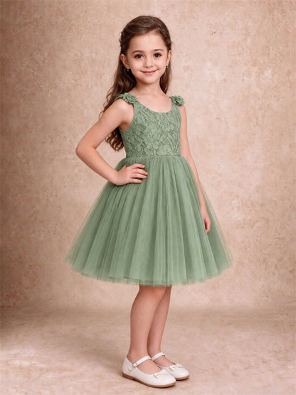 Sleeveless Flower Girl Dress Lace Tulle Knee Length Princess Party Gown For Wedding