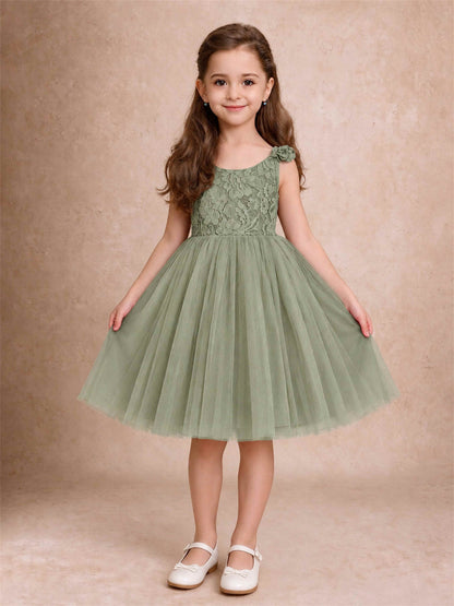 Sleeveless Flower Girl Dress Lace Tulle Knee Length Princess Party Gown For Wedding