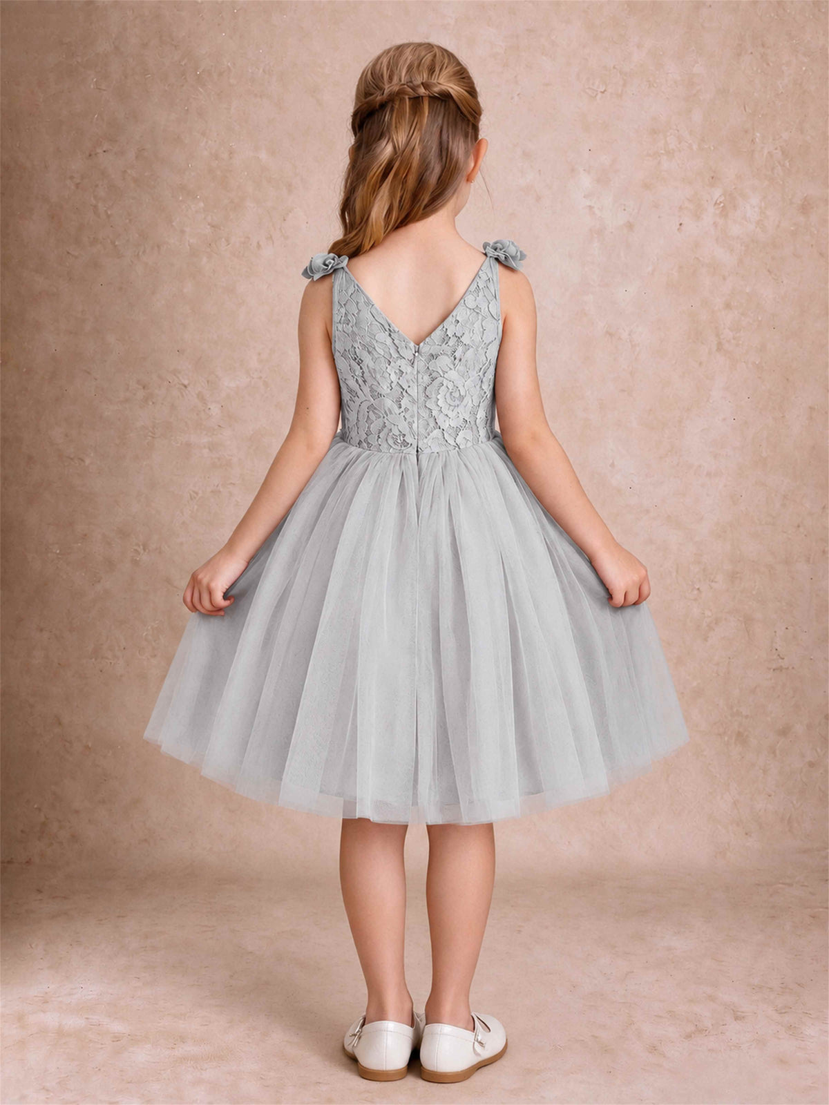 Sleeveless Flower Girl Dress Lace Tulle Knee Length Princess Party Gown For Wedding
