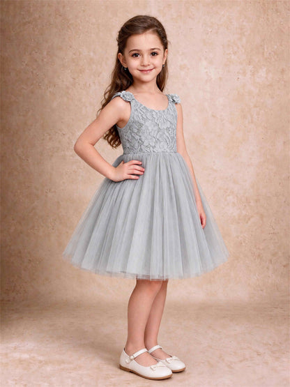 Sleeveless Flower Girl Dress Lace Tulle Knee Length Princess Party Gown For Wedding