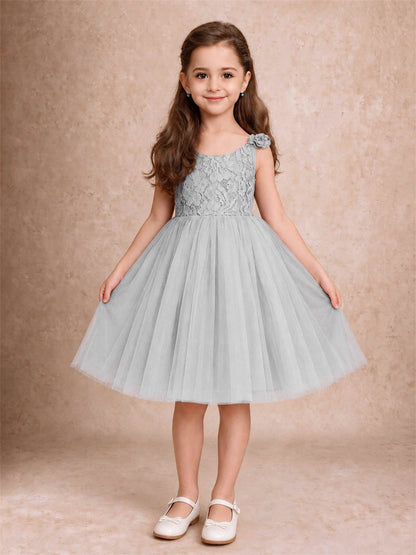 Sleeveless Flower Girl Dress Lace Tulle Knee Length Princess Party Gown For Wedding