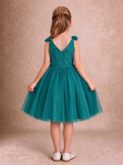 Sleeveless Flower Girl Dress Lace Tulle Knee Length Princess Party Gown For Wedding