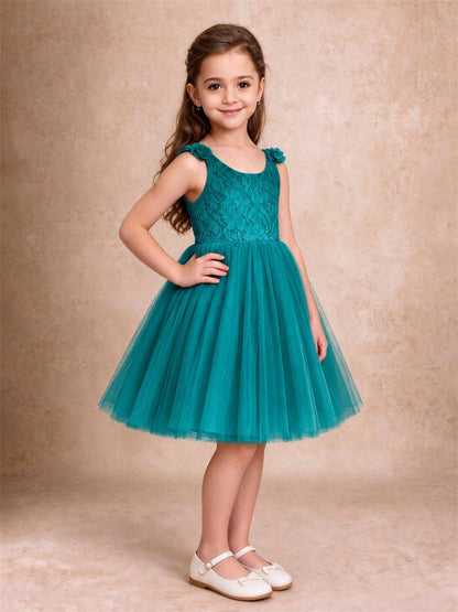 Sleeveless Flower Girl Dress Lace Tulle Knee Length Princess Party Gown For Wedding