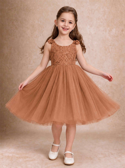 Sleeveless Flower Girl Dress Lace Tulle Knee Length Princess Party Gown For Wedding