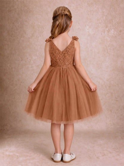 Sleeveless Flower Girl Dress Lace Tulle Knee Length Princess Party Gown For Wedding