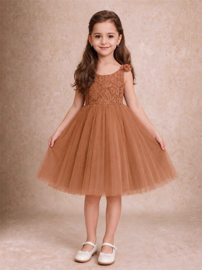 Sleeveless Flower Girl Dress Lace Tulle Knee Length Princess Party Gown For Wedding