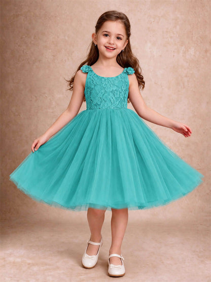 Sleeveless Flower Girl Dress Lace Tulle Knee Length Princess Party Gown For Wedding