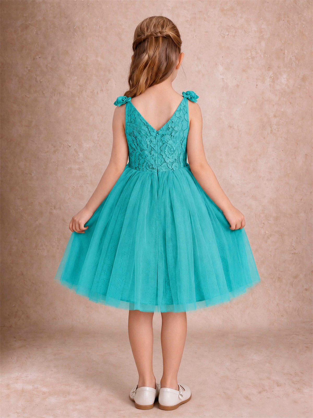 Sleeveless Flower Girl Dress Lace Tulle Knee Length Princess Party Gown For Wedding