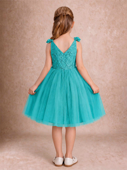 Sleeveless Flower Girl Dress Lace Tulle Knee Length Princess Party Gown For Wedding
