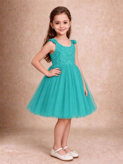 Sleeveless Flower Girl Dress Lace Tulle Knee Length Princess Party Gown For Wedding