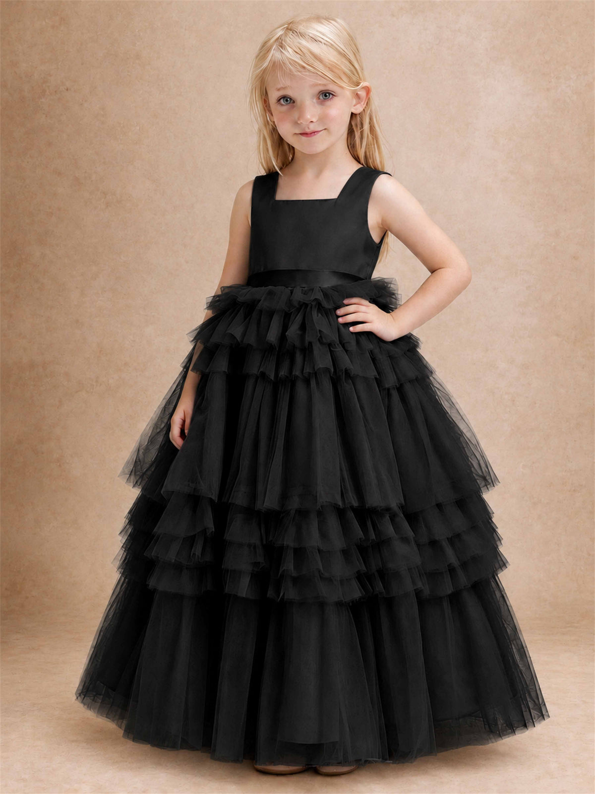 Sleeveless Square Neck Tiered Tulle Flower Girl Dress Kids Princess Wedding Party Gown