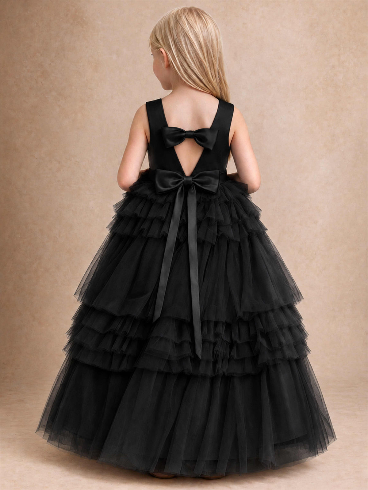 Sleeveless Square Neck Tiered Tulle Flower Girl Dress Kids Princess Wedding Party Gown