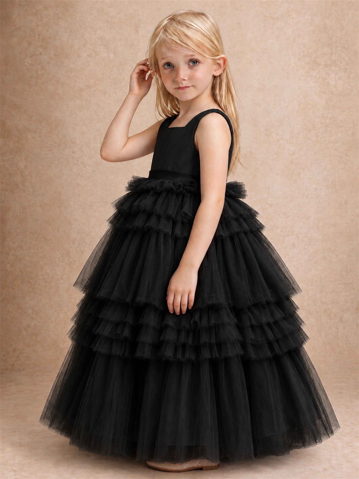 Sleeveless Square Neck Tiered Tulle Flower Girl Dress Kids Princess Wedding Party Gown