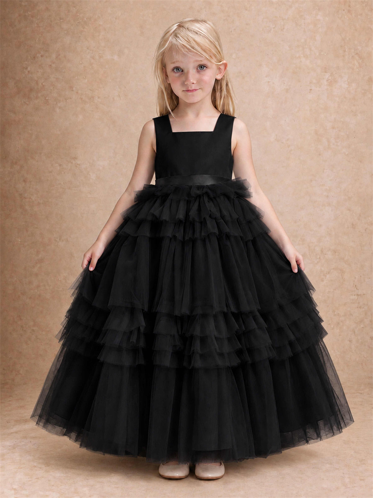 Sleeveless Square Neck Tiered Tulle Flower Girl Dress Kids Princess Wedding Party Gown