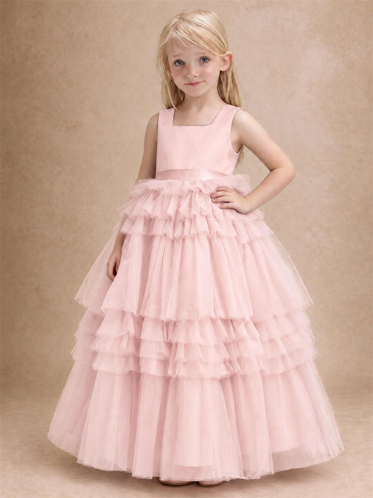 Sleeveless Square Neck Tiered Tulle Flower Girl Dress Kids Princess Wedding Party Gown