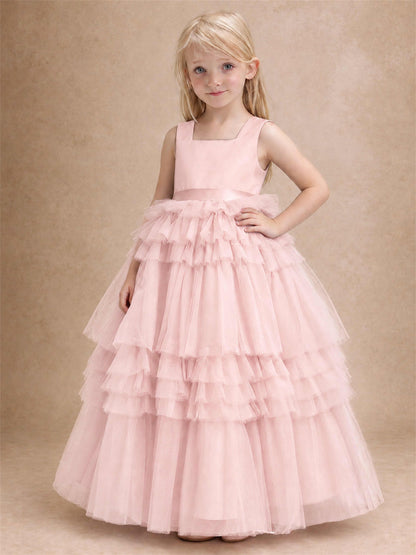 Sleeveless Square Neck Tiered Tulle Flower Girl Dress Kids Princess Wedding Party Gown