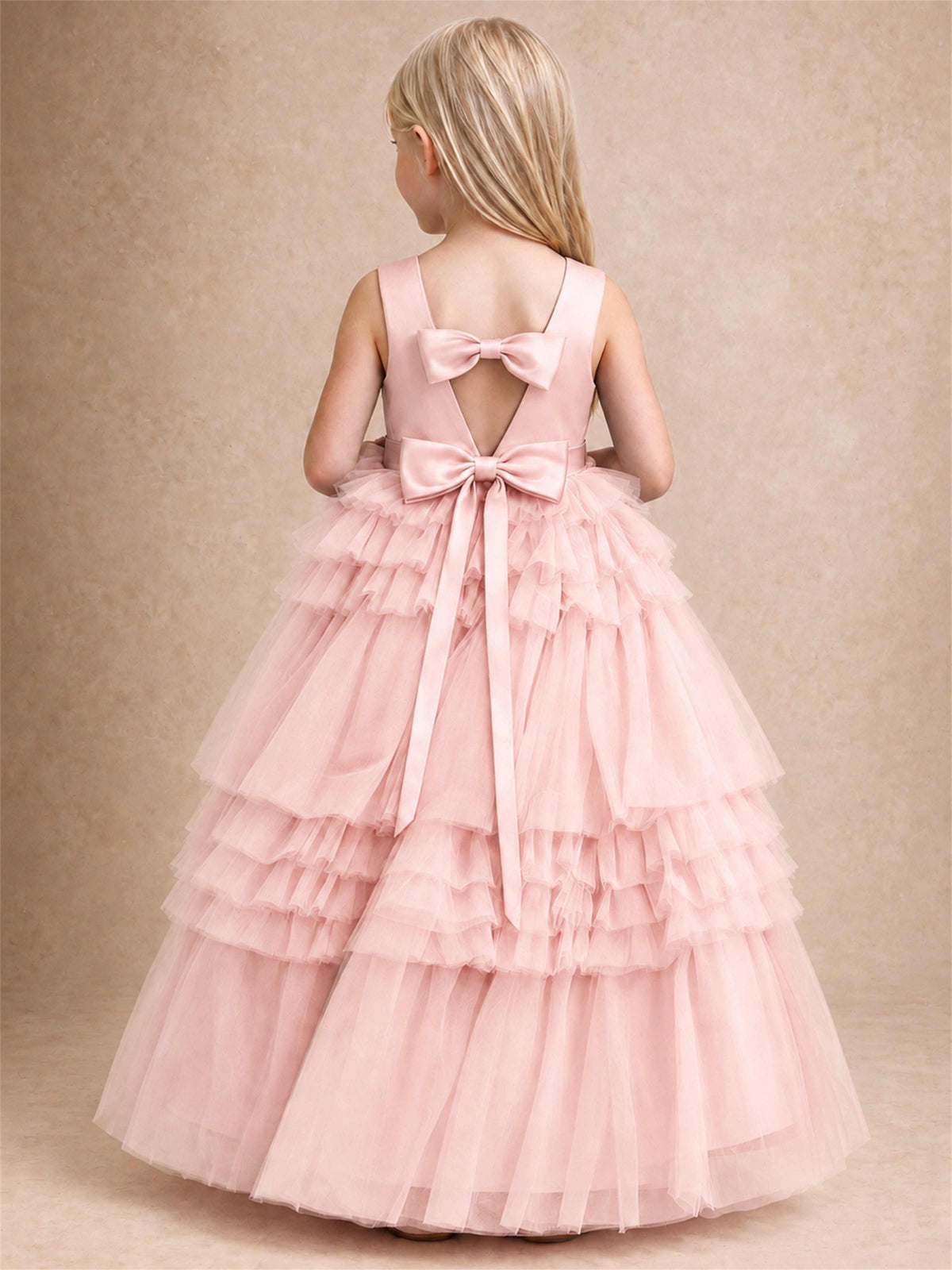 Sleeveless Square Neck Tiered Tulle Flower Girl Dress Kids Princess Wedding Party Gown
