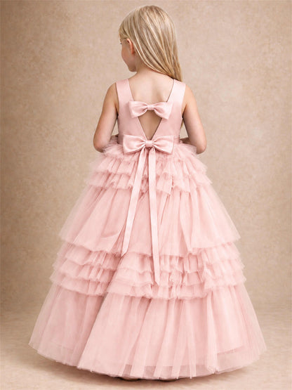 Sleeveless Square Neck Tiered Tulle Flower Girl Dress Kids Princess Wedding Party Gown