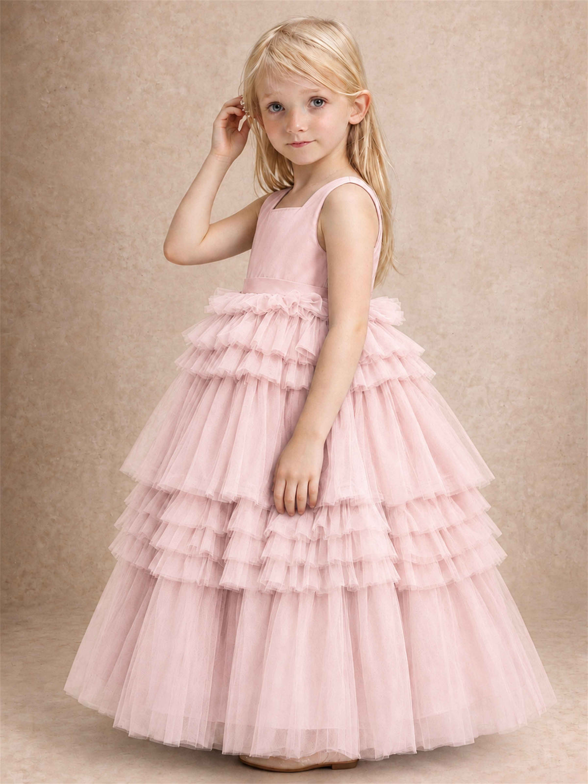 Sleeveless Square Neck Tiered Tulle Flower Girl Dress Kids Princess Wedding Party Gown