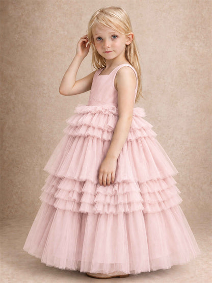 Sleeveless Square Neck Tiered Tulle Flower Girl Dress Kids Princess Wedding Party Gown