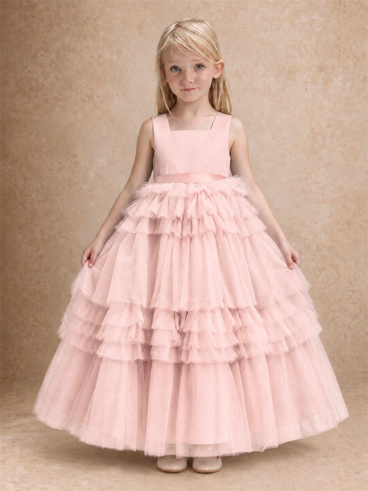 Sleeveless Square Neck Tiered Tulle Flower Girl Dress Kids Princess Wedding Party Gown